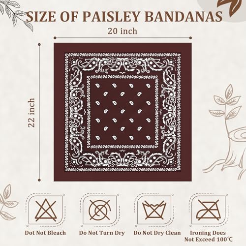 12 Pack Bandanas Unisex Paisley Cowboy Bandanas Bulk Multi Purpose Headband Scarf for Men Women Costume - color: Brown, style: Classic