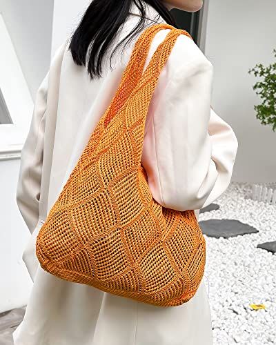 Crochet Mesh Beach Tote Shoulder Handbags Hobo Summer Aesthetic Women's Bag - color: Orange