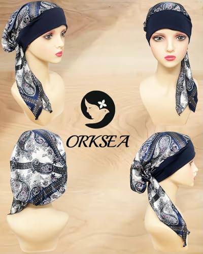 Chemo Headwear for Women Head Scarf Headwraps Silky Soft Turbans for Women Cancer Hats Chemo Beanie Coverings Scarves - color: C Blue Floral Pattern 3