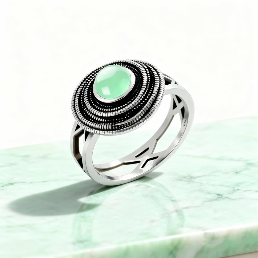 Mulit Circle Cross Lines Thick Top Jade Gem Ring,Silver Plated Cocktail Party Ring,Statement Ring Jewelry Gift for Women - color: RIng_C jadeite