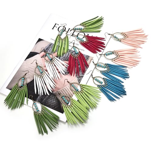 Long Bohemian Fringe Leather Earrrings Handmade Tassel Earrings with Turquoise Christmas Long Dangle Earrings for Women rodeo jewelry - color: 10