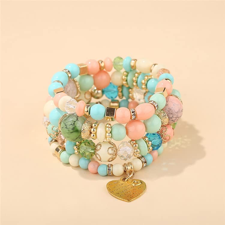 Women Beaded Bracelet Set | Colorful Boho Stackable Trendy Design with Crystal Accents Multilayer Bangle Bracelet | Fashion Stretch Braclets Jewelry for Women - color: Light Green