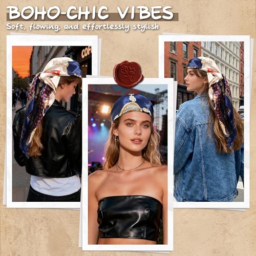 Large Square Head Scarf Bandana - 35" Satin Hair Scarf for Women Like Silk Scarf Fashion Hair Wrapping - color: Equestrian Chain(blue), size: 35IN*35IN