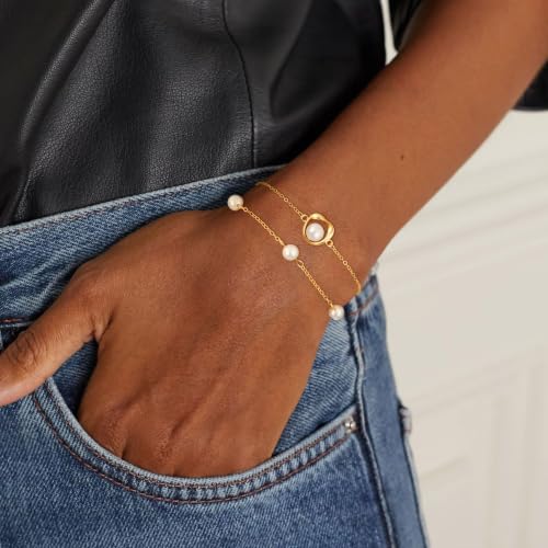 Pearl Bracelets for Women, Dainty 18K Gold Plated Pearl Beaded Bracelet Stack Trendy Thin Link Chain Charm Bracelets Set, Wedding Bridesmaid Mother Gifts Jewelry for Women
