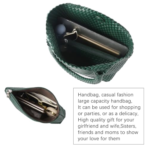 Hand Woven Bag Tote BagS For Women Top Handle Shoulder Vegan Leather Large Travel Beach Hobo Handbag - color: Dark Green