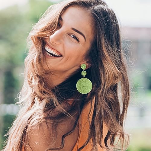 Boho Raffia Ball Earrings for Women, Handmade Statement Drop Earrings Straw Dangle Earrings Beach Vacation Jewelry - color: Lemon Green