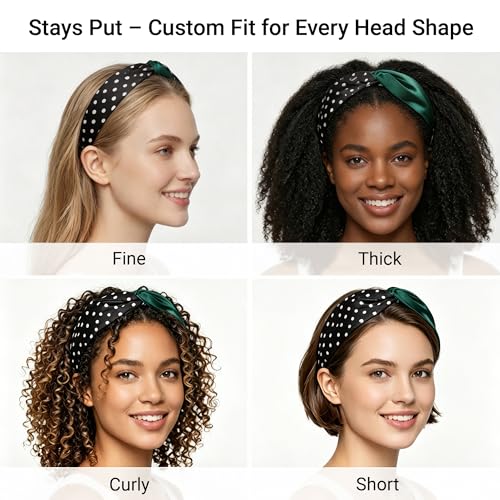 ZLYC Mulberry Silk Headband Elastic Twist Knotted Head Bands for Women's Hair, Polka Dots and Dark Green - color: Polka Dots and Dark Green