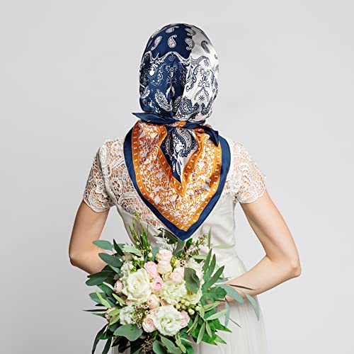 NZKNP Silk-Like Head Scarf - Women's Bandana Wraps - color: 34-nave and Coffee, size: 35"*35"