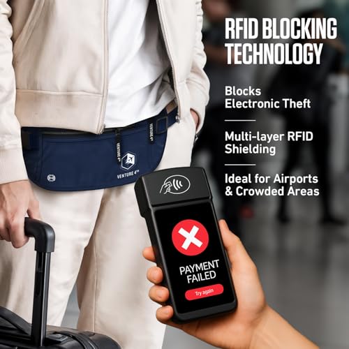 VENTURE 4TH Money Belt for Travel – Slim Hidden Under-Clothes RFID Blocking Anti-Theft Passport Holder & Travel Wallet Pouch for Men & Women to Protect Cash, Cards & Documents (Navy Blue) - color: Navy Blue
