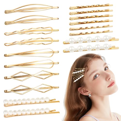 18 PCS Metal Gold Geometric Elegant Hair Barrette Set Hair Styling Fancy Pins Women Girls Preppy Pearls Hair Clips Bridal Minimalist Bobby Pins Dainty Hair Accessories - color: Gold-2
