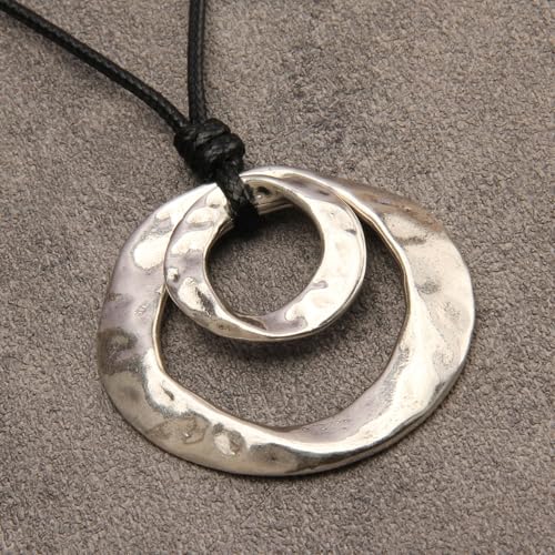 GelConnie Leather Necklace for Women Round Wooden Pendant Long Leather Choker Vintage Sweater Necklace Gold Chunky Boho Necklaces for Women - style: 2 Circles Silver Necklace