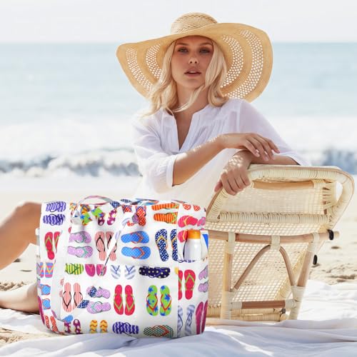 Trifabricy Beach Bags for Women Waterproof Sandproof Women Tote Bag, Large Beach Bag with Zipper for Gym Travel Vocation - color: White Slippers
