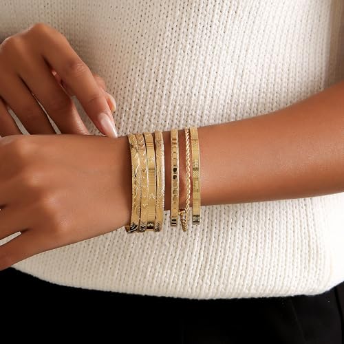 Gold Bangles for Women, 12 Pcs Boho Stackable Bracelets Multi Layer Textured Chunky Bracelets Jewelry Set for Women - color: 7 pcs gold bangles