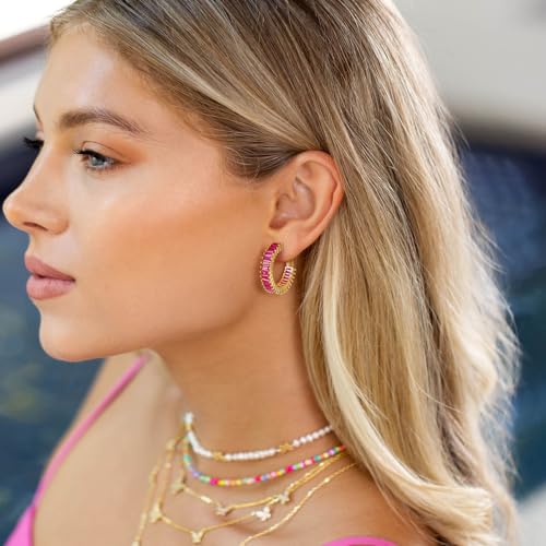Trendy 14K Gold Plated Hoop Earrings for Women, Chunky Gold/Silver Earrings for Women Cubic Zirconia Baguette Hoop Earrings Heart Hoops Lightweight Hypoallergenic Jewelry,25mm/35mm/40mm/50mm - color: 00 Gold Hot Pink Hoops 25mm