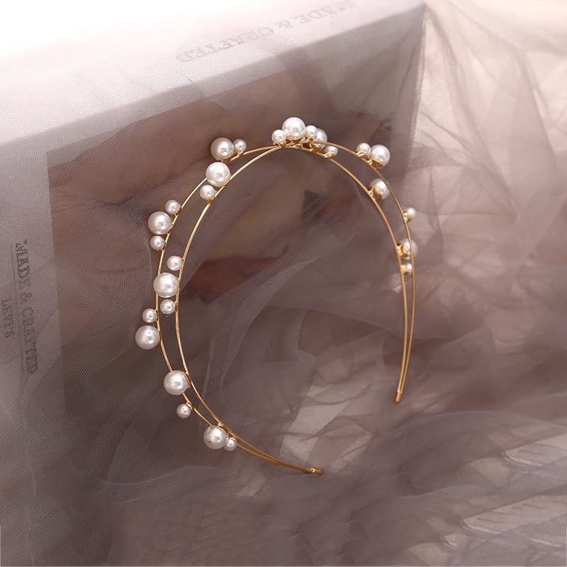 Double Layer Pearl Beaded Headbands Hair Hoops Bridal Hairbands Wedding Hair Accessories Fashion Elegant Pearl Headbands for Women Girls (Gold) - color: Gold