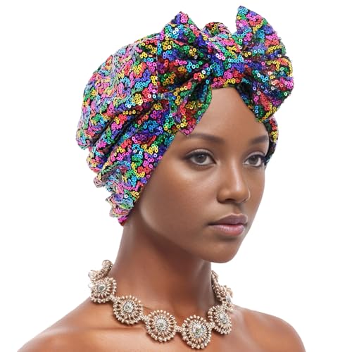Erinaco Women Sparkle Sequin African Turban Bow Knot Pre-Tied Cap Pleated Ruffle Bonnet Beanie Hat Headwrap Skull Caps - color: Colorful Sequin