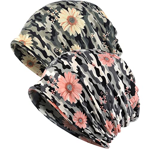XYIYI Womens Chemo Headwear Hats Cotton Slouchy Beanie Cap Scarf - color: 2pcs Camo Sunflower