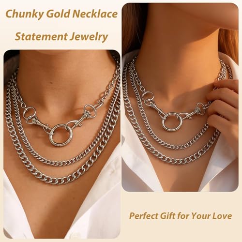 Long tiantian Chunky Gold Necklace Stack Chain Necklaces for Women Statement Layered Paperclip Choker Necklaces Statement Necklace for 80s 90s & Night Out Outfits Paperclip Style Fashion Jewelry - color: A7：Style H-Circle Layered Necklace