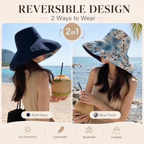 HUAMULAN Women Summer Sun Hat Wide Brim Wired Edge Floral Beach Bucket Hats Reversible Foldable Travel UV Protection Lady Hat - color: M2320-navy