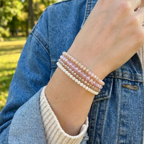 Ymapinc 4pcs Pink Bracelet for Women, Boho Stackable Bead Bracelet Set for Mothers Day, Pink Crystal Stretch Bracelets, Trendy Friendship/Mothers Day Gifts (4mm Beads)