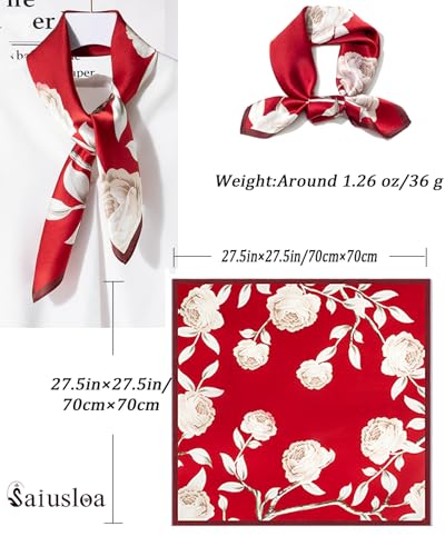 Saiusloa Neck Scarf For Womens Silky Head Scarves Hair Bandanas Square Scarf Fashion Accessories lightweight - color: 1-red Flowers