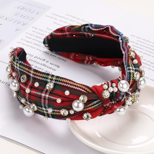 WantGor Pearl Knotted Headband, Women Rhinestone Embellished Hairband Elegant Wide Top Knot Bride Headbands Headpieces Party Fashion Elegant Ladies Hair Band Hair Hoop Accessories (Red Plaid) - color: Red Plaid