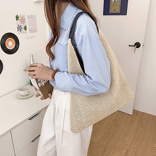Hand-woven Straw Shoulder Bag Boho Black Leather Top Handle Tote Retro Summer Beach Bag Holiday Travel Handbag - color: White