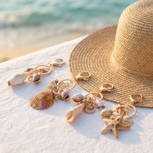 4 Pcs Ocean Themed Keychains for Women - Resin Seashell Starfish Boho Beach Bag Charms with Gold-Plated, Summer Vacation Purse Backpack Pendant Key Ring Gifts