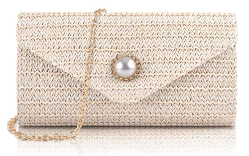 PACETAP Straw Clutch Purse for Women, Pearl Decoration Boho Crossbody Bags, Evening Clutch Purses Handbags for Wedding Party Cocktail Prom Dinner(Beige white) - color: Straw Beige White
