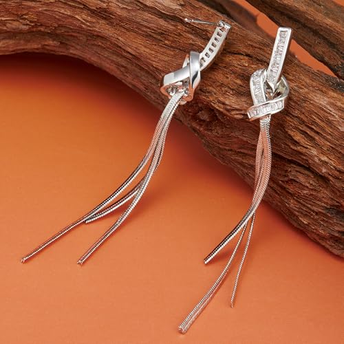 18K Gold/Silver Plated Dangle Earrings for Women Sparkly Rhinestone Long Tassel Dangle Earrings Dainty Long Hanging Chain Earrings Wedding Party Prom Earrings - color: Silver
