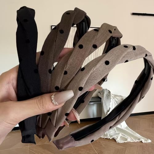 4 Pcs Polka Dot Headbands with Teeth for Women, Twisted Knotted Non-Slip Comb Hairbands, Ribbed Fabric Wrapped Hard Hair Hoops, Vintage Neutral Hair Accessories for Girls Daily Wear - color: Polka Dot Twist