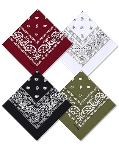 Bycc Bynn Large 27" x 27" 100% Cotton Bandanas - Set of 4 - color: Burgundy+white+black+army Green
