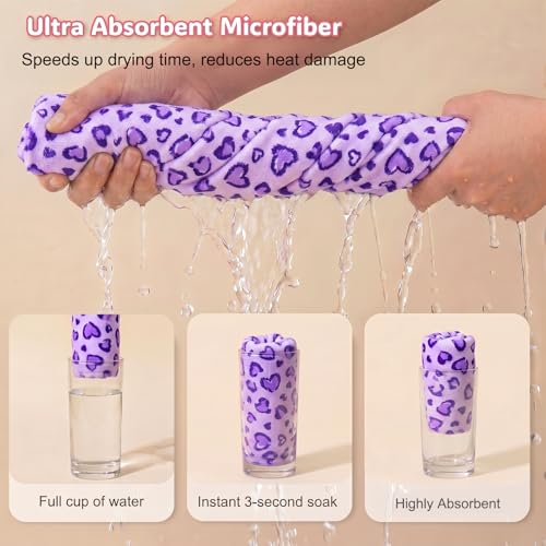 Basumee Microfiber Hair Towel Wrap for Kids 2 Pack Rapid Drying Hair Towel with Button Hair Turbans for Wet Hair Wraps Head Towel Wrap for Women and Girls - color: Pink Purple Leopard
