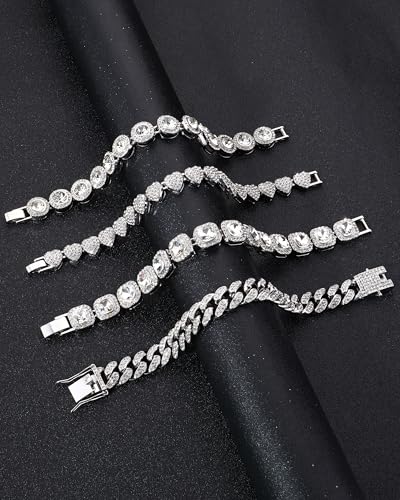 TEN MIRO Silver Plated Bracelets for Women,Silver Tennis Bracelets for Women Non Tarnish Heart Round Square Cuban Bracelet stack Layered Link Bracelet Set Fashion Jewelry for Women or Men