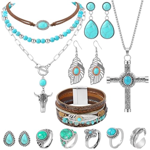 Western Jewelry for Women - Boho Turquoise Jewelry Set with Turquoise Necklace, Earrings, Bracelet & Rings - style: turquoise boho style
