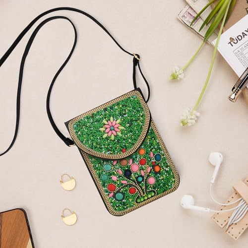 Small Beaded Crossbody Bag for Women, Boho Cell Phone Shoulder Purse Wallet with Handcrafted Colorful Beads - color: Tree-green