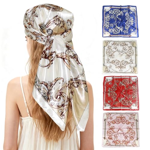 Ciormis 35" Silk Head Scarf for Women, 4 Pcs Satin Hair Scarf Square Silk Bandana Top Neck Scarves Hair Wraps for Sleeping - color: P1-vines-set13