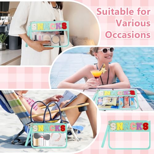 Clear Snack Bag for Travel, Chenille Letter Clear Zipper Snacks Pouch Nylon Cosmetic Bag Makeup Travel Bag for Women - color: Green