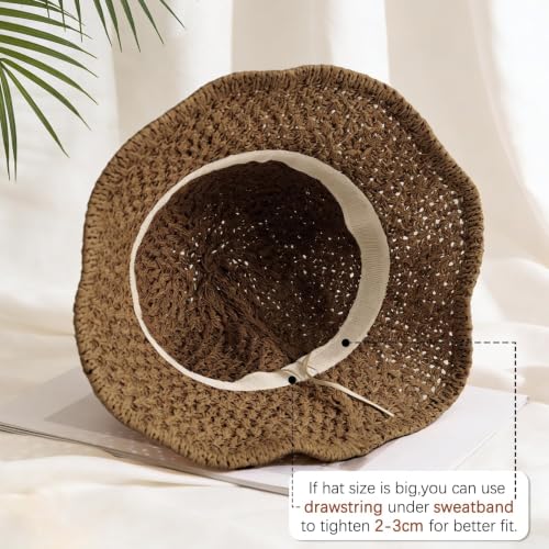 Sun Hat for Women Beach Hat Straw Bucket Hat Summer UV Protection, Packable Breathable Crochet Style - color: 1pack-coffee