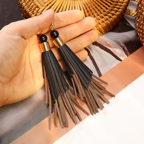 Coiris Boho Leather Layered Tassel Earrings for Women Lightweight Leather Fringe Dangle Earrings Handmade Bohemian Summer Beach Western Drop Earrings for Women - color: BlackBrown