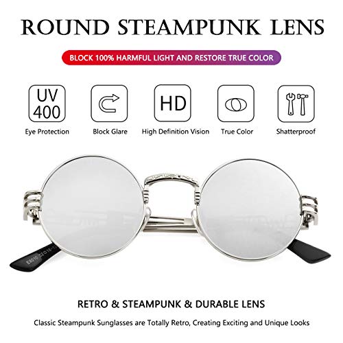 AIEYEZO Round Steampunk Sunglasses for Men Women Retro Circle Hippie Glasses Metal Frame 100% UV Blocking Lens - color: Silver/Silver Mirror