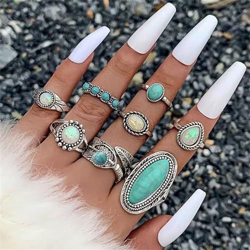 Bohemian Turquoise Ring Set for Women,Vintage Gem Turquoise Opal Joint Knuckle Stackable Rings Chunky Boho Midi Ring Pack Punk Western Ring Mixed Size - style: Style C