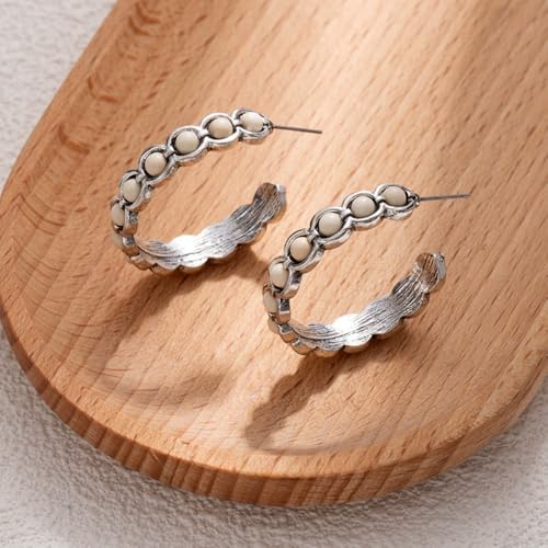 Boho Round Turquoise Hoop Earrings Daisy Flower Turquoise Dangle Earrings for Women Men Vintage Ethnic Accessories Tribal Jewelry - color: Beige