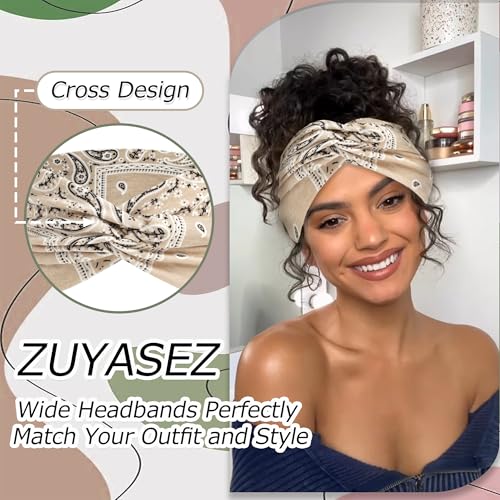 6 Pack Boho Wide Headbands for Women Colorful Paisley Twist Hair Bands Stretchy Cross Head Turban Bandana Non Slip Exercise Hair Wraps Accessories - color: Multicolor-4