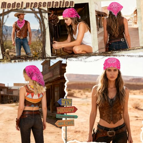AWAYTR 100% Cotton Bandana for Cowgirl Western Cowboy Costume, 21 Inch Paisley Scarf with Grommet Western Ornaments - color: Rose Pink