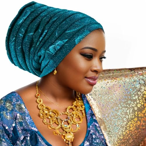 Traditional African Women's Head coverings, Shiny Layered Hats, Nigerian Headscarf, Suitable for Daily wear - color: Light Blue