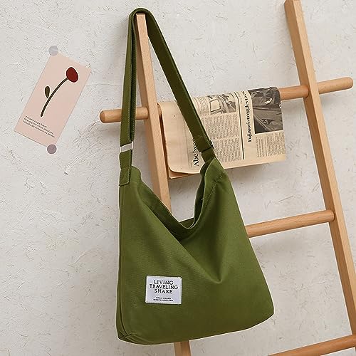 Covelin Women's Retro Large Size Canvas Shoulder Bag Hobo Crossbody Handbag Casual Tote - color: Black Olive