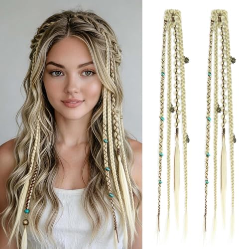 2PCS Boho Dreadlock Clip In Braids with Charms and Beads, Handmade Dreadlock Braids Hair Extensions Synthetic Braided Hairpieces for Women (Light Blonde 16 Inch) - color: Light Blonde, size: 16 Inch