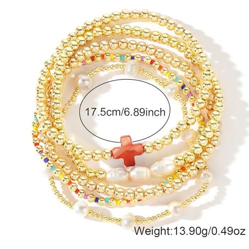 Gold Beaded Cross Bracelet for Women, 14K Plated Adjustable Stackable Dainty Bracelets, Non Tarnish Fashion Jewelry Set Gifts for Women Birthday Friendship - color: Colors-3