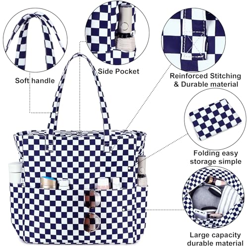 Bluboon Waterproof Beach Tote Pool Bags for Women Ladies Extra Large Carry On Bag With Wet Compartment for Weekender Travel - color: Dark Blue White Checkered